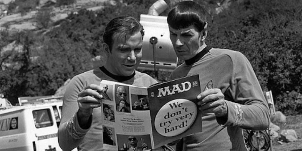 William Shatner and Leonard Nimoy reading Mad Magazine on the Star Trek set