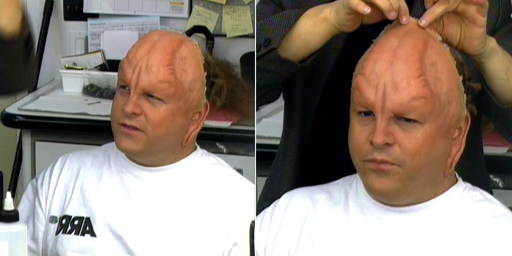 Jason Alexander getting makeup for Star Trek: Voyager