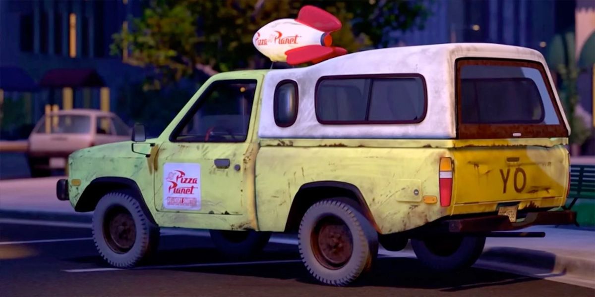 Pizza Planet truck driving down the street in a Pixar movie