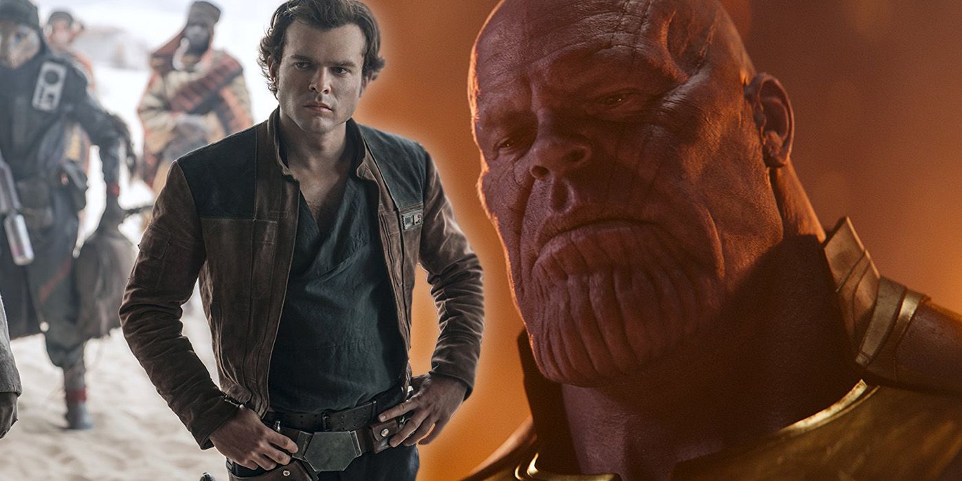 Alden Ehrenreich as Han Solo in Solo: A Star Wars Story with Josh Brolin as Thanos in Avengers: Infinity War