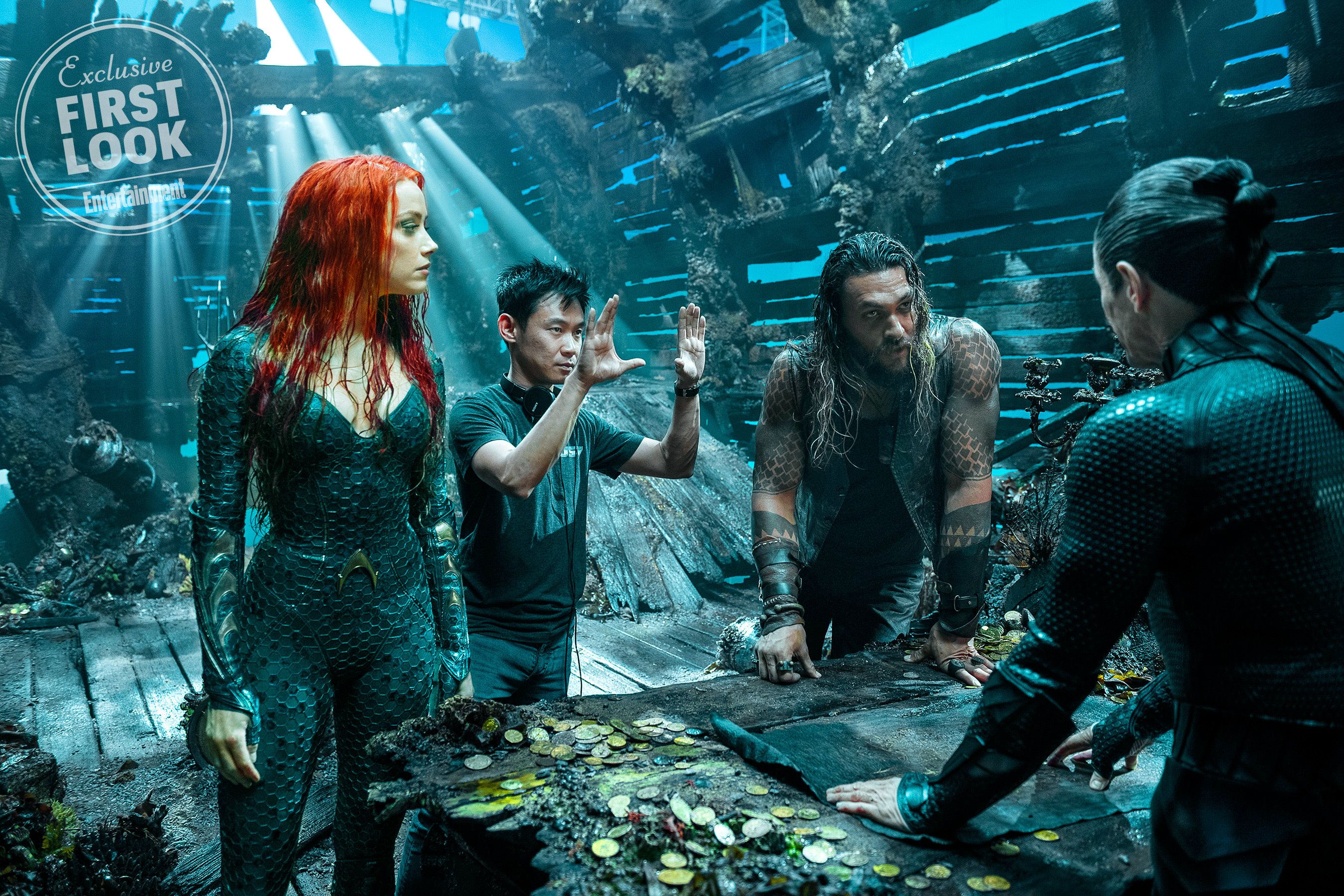 Amber Heard James Wan Jason Momoa and Willem Dafoe on Aquaman set