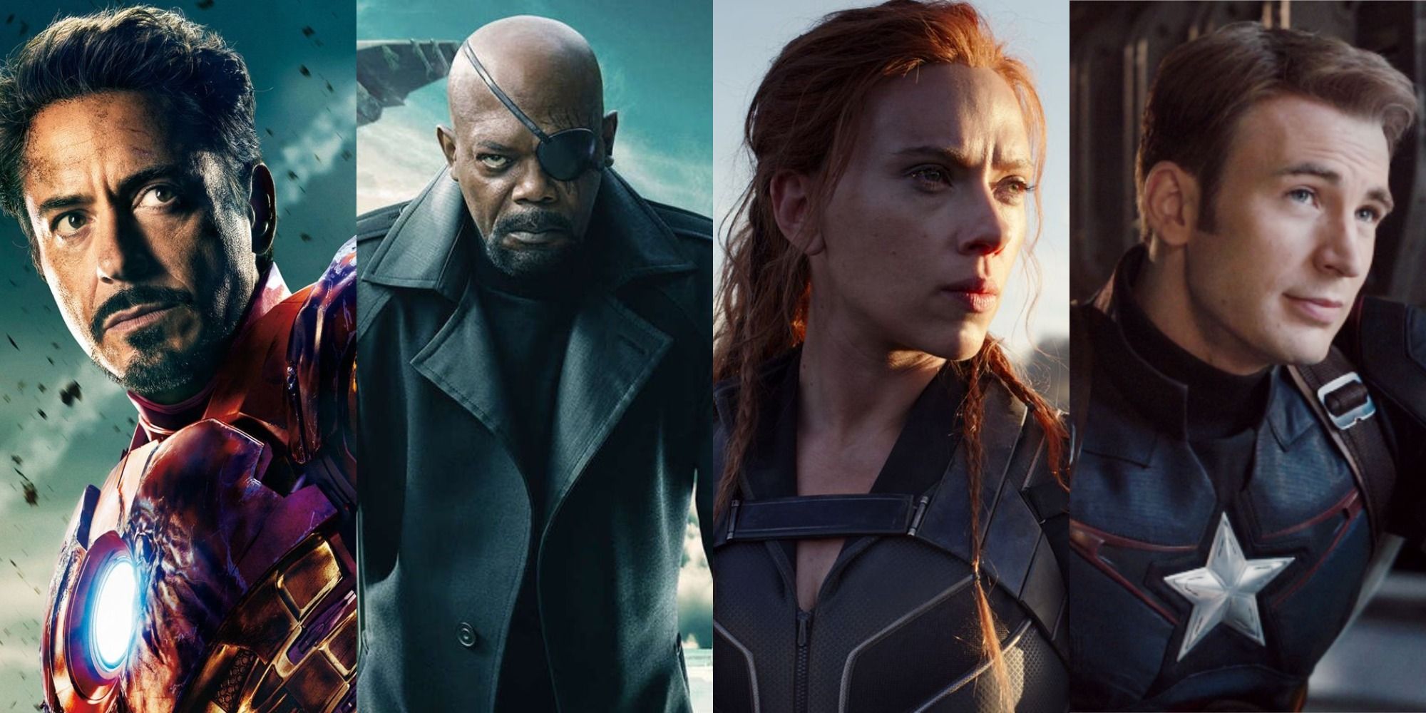 An split image of Iron Man, Nick Fury, Black Widow, Captain America in the MCU