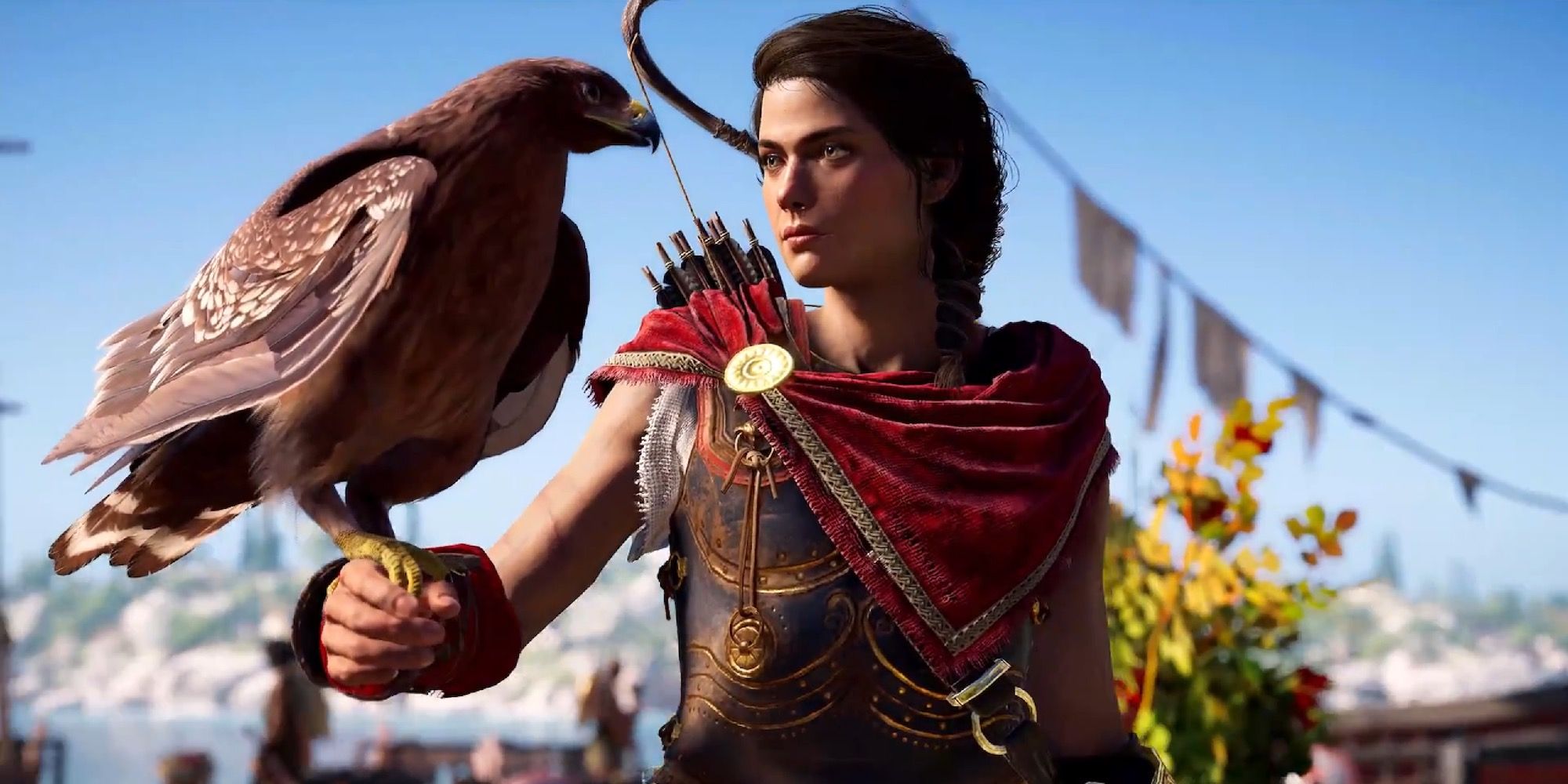 Kassandra holding a hawk in Assassin's Creed Odyssey