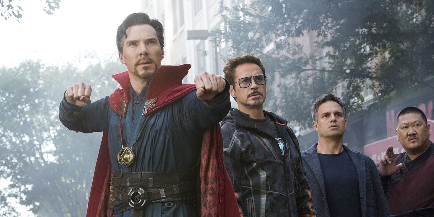 Doctor Strange and Tony Stark stand in a line with other heroes from Avengers Infinity War