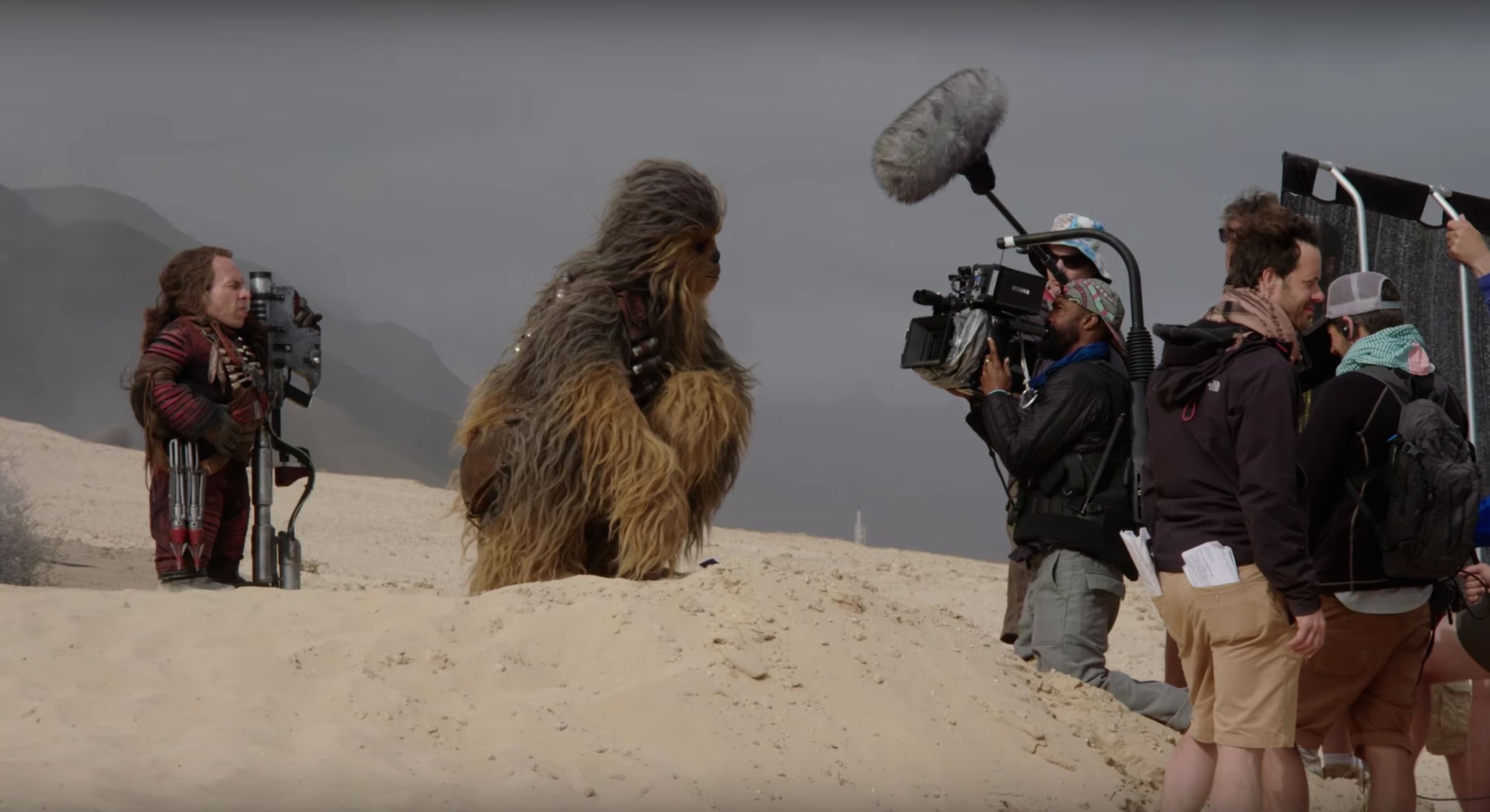 Bradford Young Warwick Davis and Joonas Suotamo shooting Solo a Star Wars Story