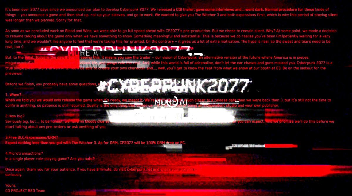 CD Projekt RED Cyberpunk 2077 message