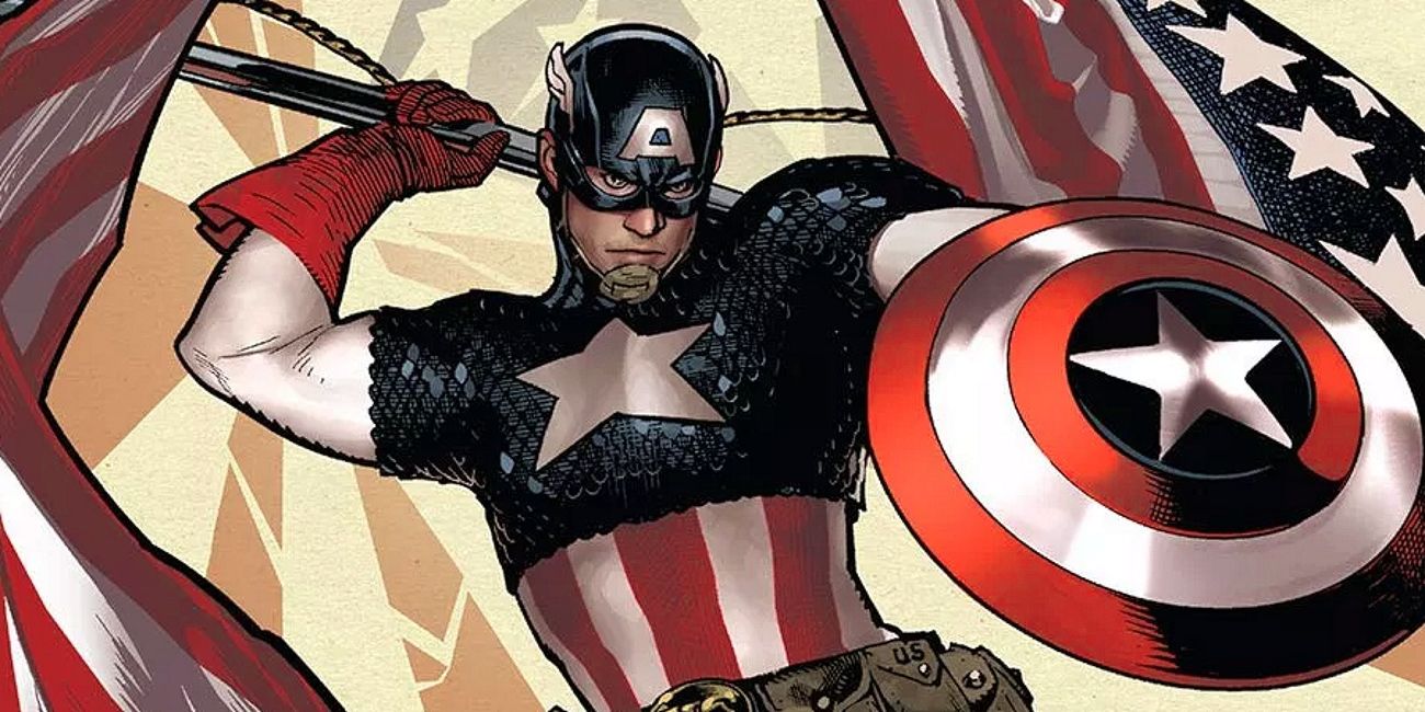 Captain America waves the American flag in Marvel Comics.