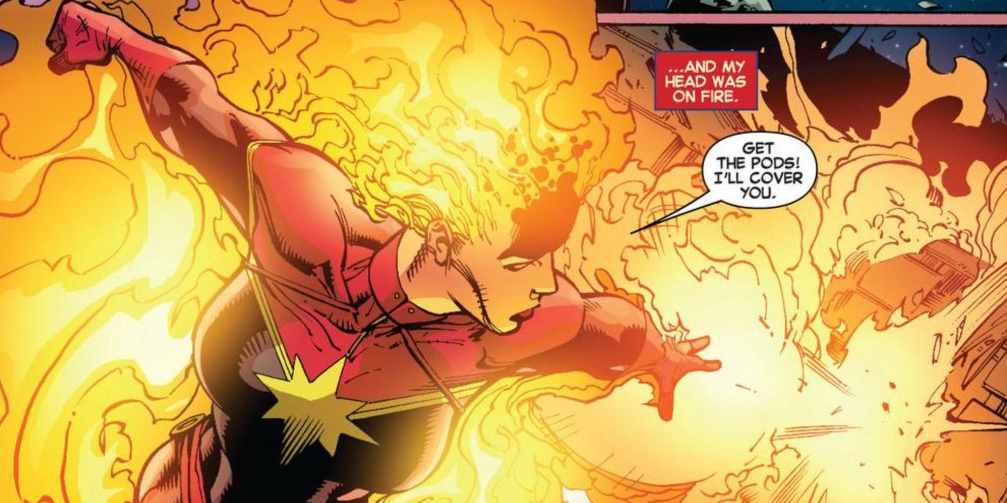 Captain Marvel with enough Binary energy to set her head on fire in Marvel comics