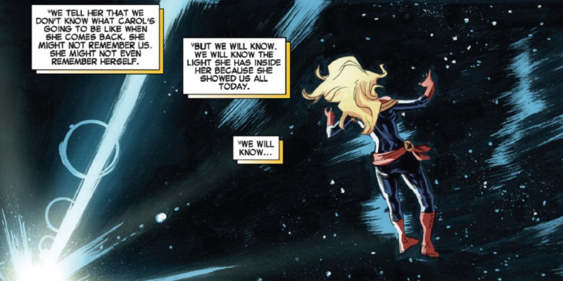 Carol Danvers floating in space alongside text boxes that indicate her memory loss in Marvel Comics
