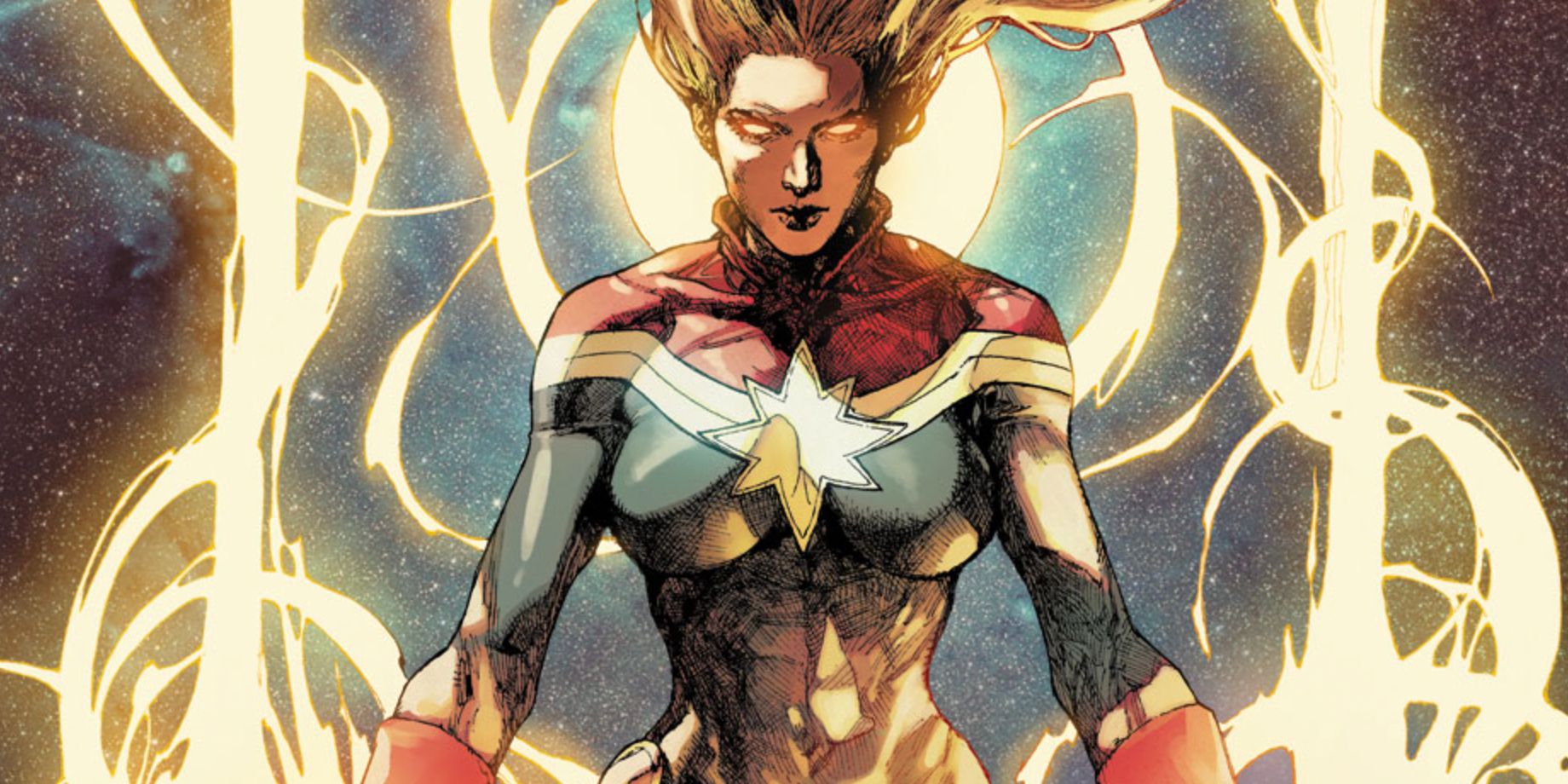 Carol Danvers surrounded by energy as Captain Marvel in Marvel Comics