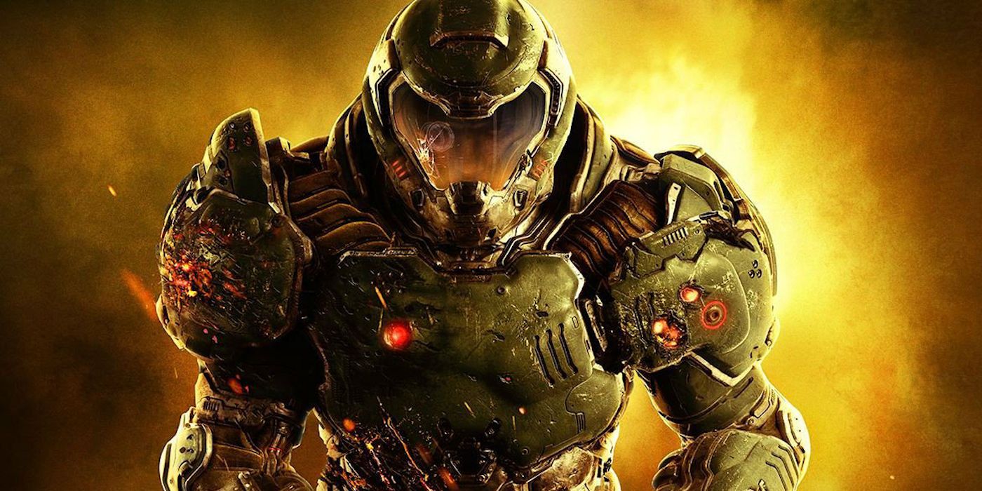 The Doom Slayer standing on the cover of Doom