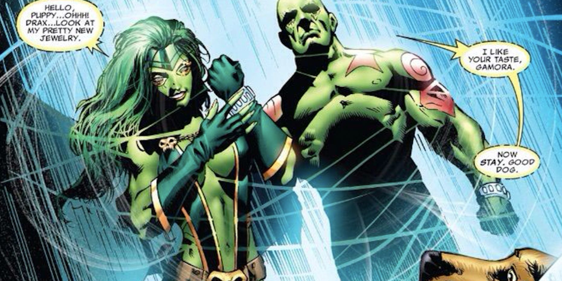 Gamora and Drax meeting Cosmo the Space Dog in Marvel Comics