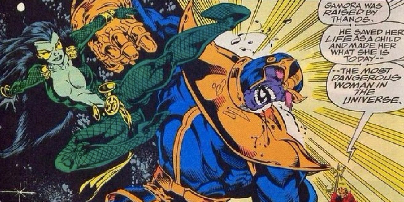 Gamora lands a kick on Thanos in Marvel comics