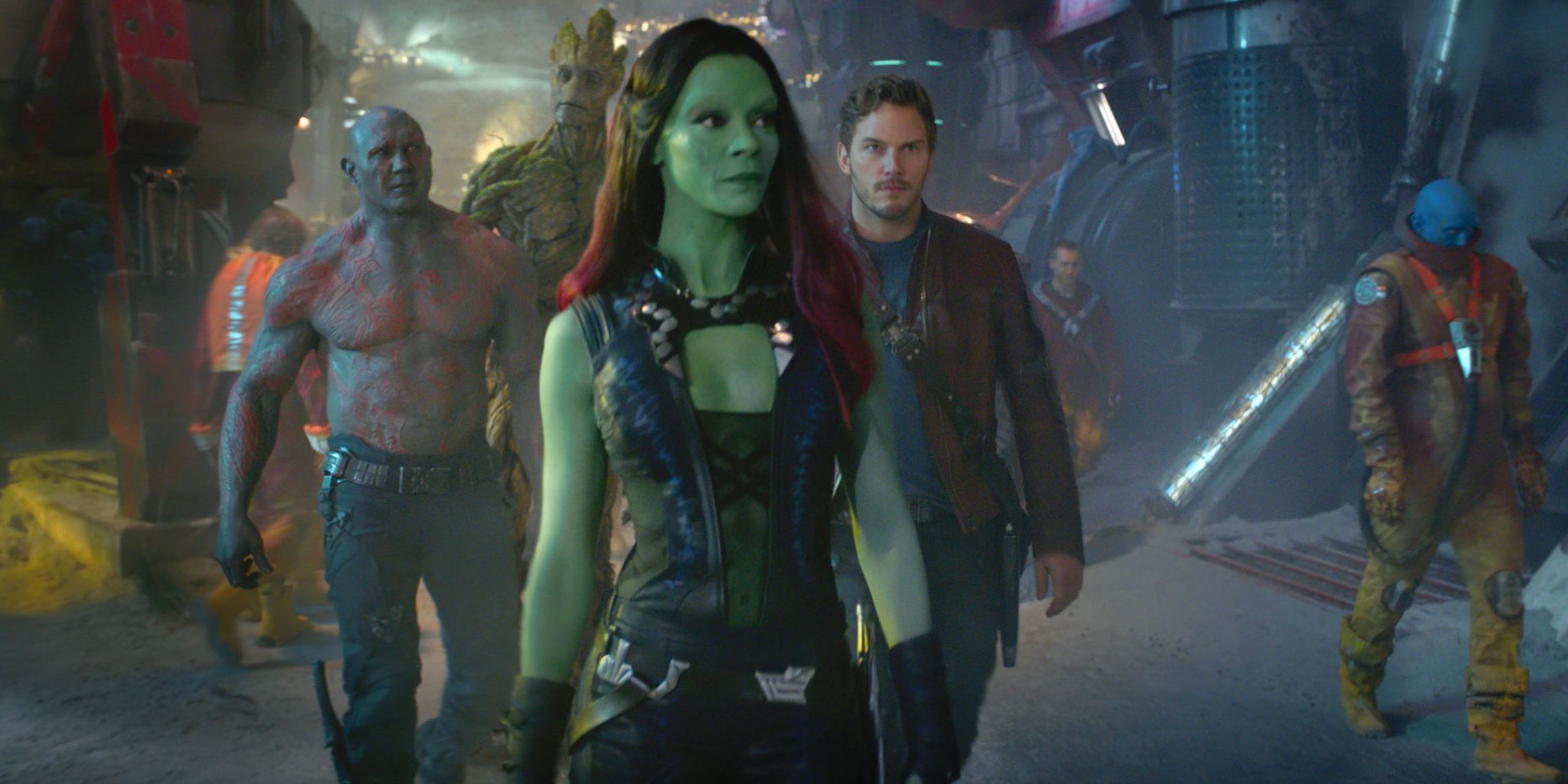 Gamora leads the Guardians through the streets of Knowhere in Guardians of the Galaxy Vol 1