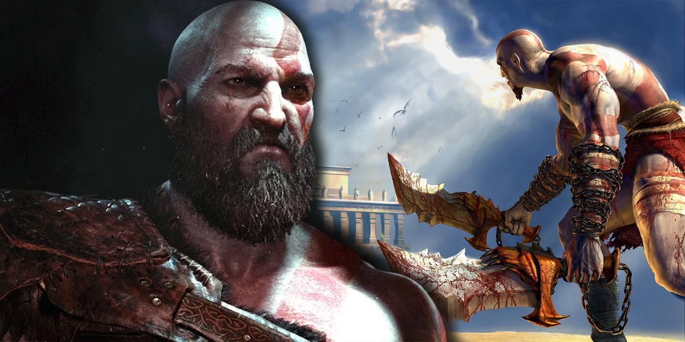 Kratos in God of War 2018 superimposed over Kratos in the original God of War game