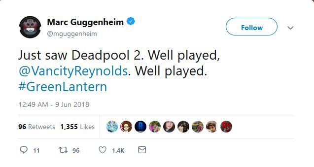 Green Lantern Screenwriter Responds to Deadpool 2&rsquo;s Jokes Tweet Screenshot
