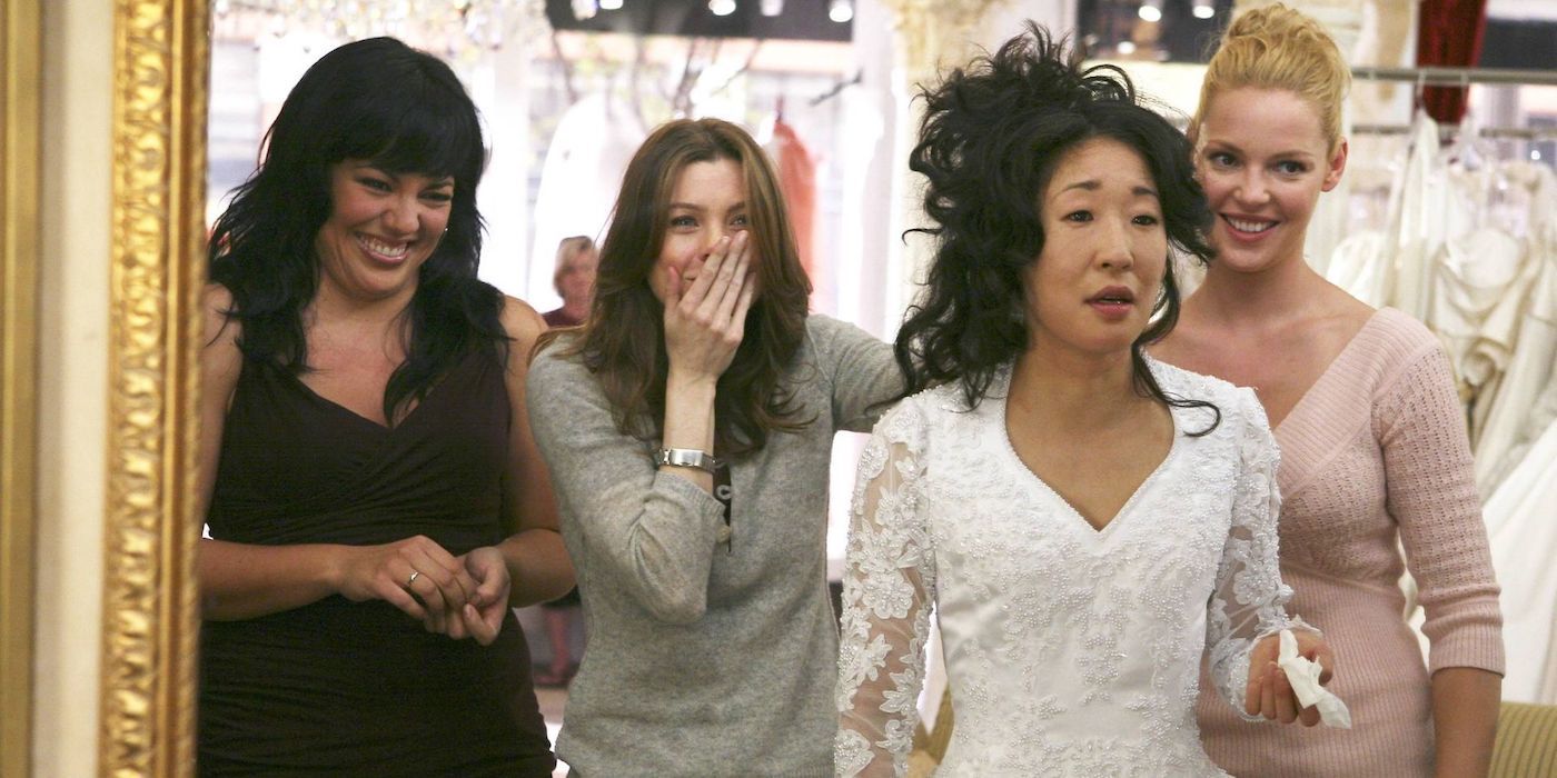 An image of Cristina trying on wedding dresses in Grey's Anatomy