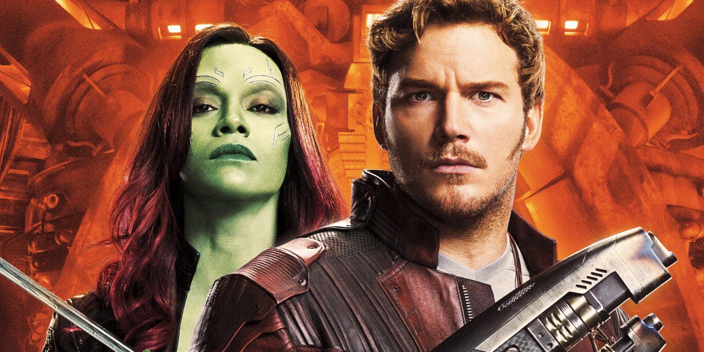 A blended image features the MCU Gamora and Star-Lord over images of a spaceship
