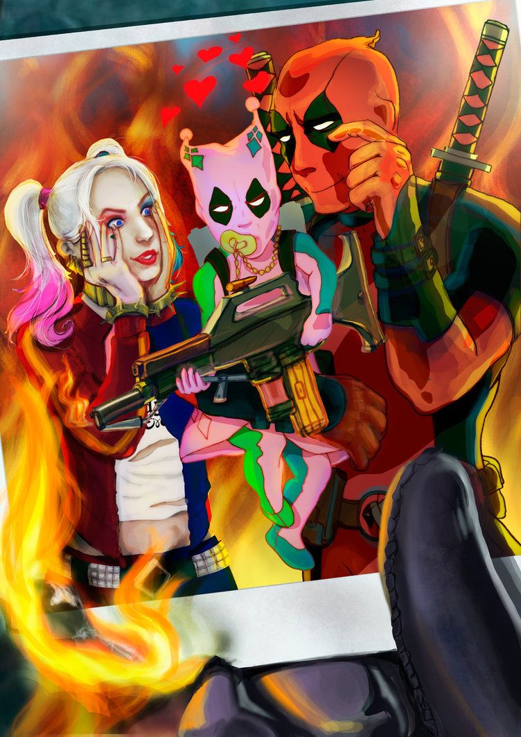 Harley Quinn and Deadpool with Child