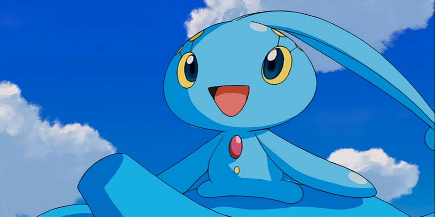 Manaphy smiling and standing atop another Pokémon in the anime.