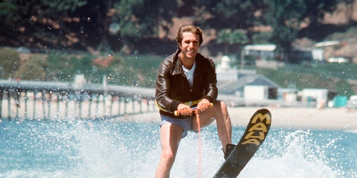Henry Winkler as Arthur Fonzie Fonzarelli jumping a shark in Happy Days