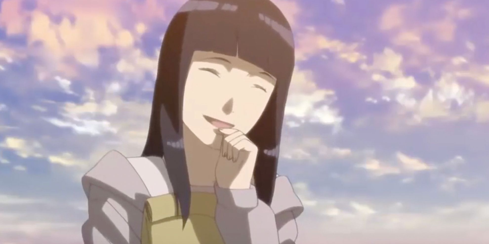 Hinata laughs with the sky in the background in Naruto Shippuden