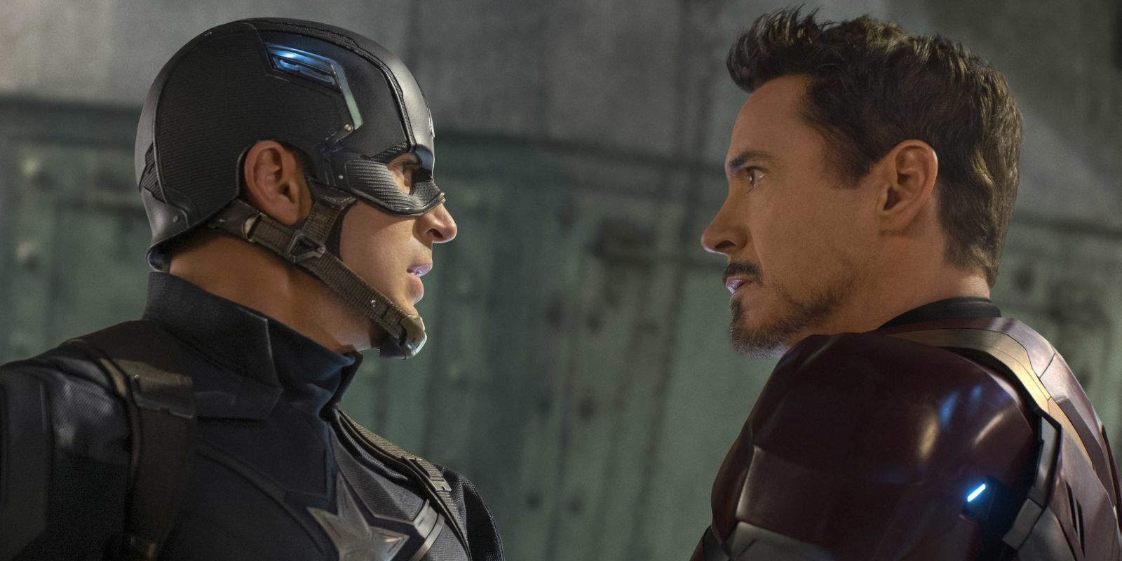 Chris Evans as Captain America and Robert Downey Jr. as Iron Man in Captain America: Civil War