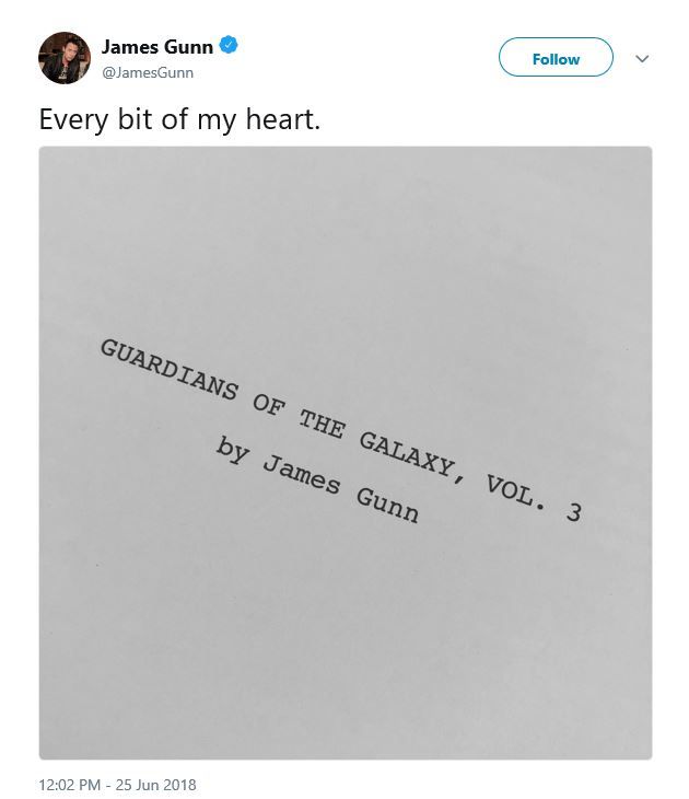 James Gunn Guardians of the Galay Vol 3 Script Tweet