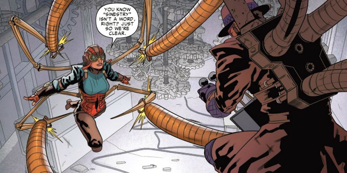 Lady Spider fights against a Doc Ock variant in the comics