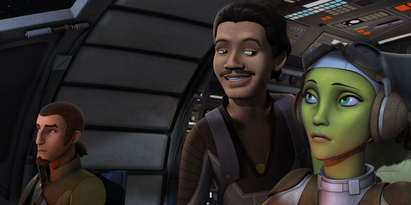 Lando Calrissian smiles at a wary Hera and Kanan in Star Wars Rebels