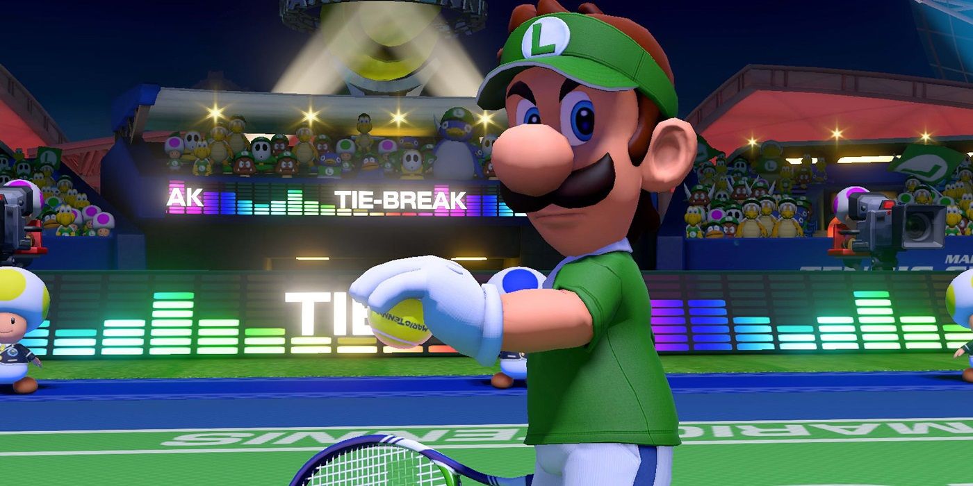 Luigi preparing to hit the ball in Mario Tennis Aces
