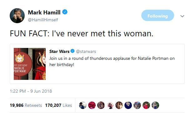 Mark Hamill Says He&rsquo;s Never Met His Star Wars Mom Natalie Portman Tweet Screenshot
