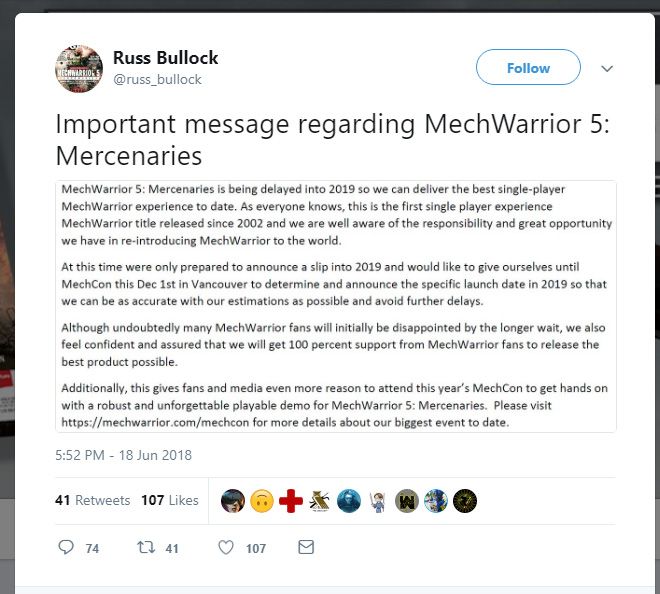 MechWarrior 5 Delay Tweet