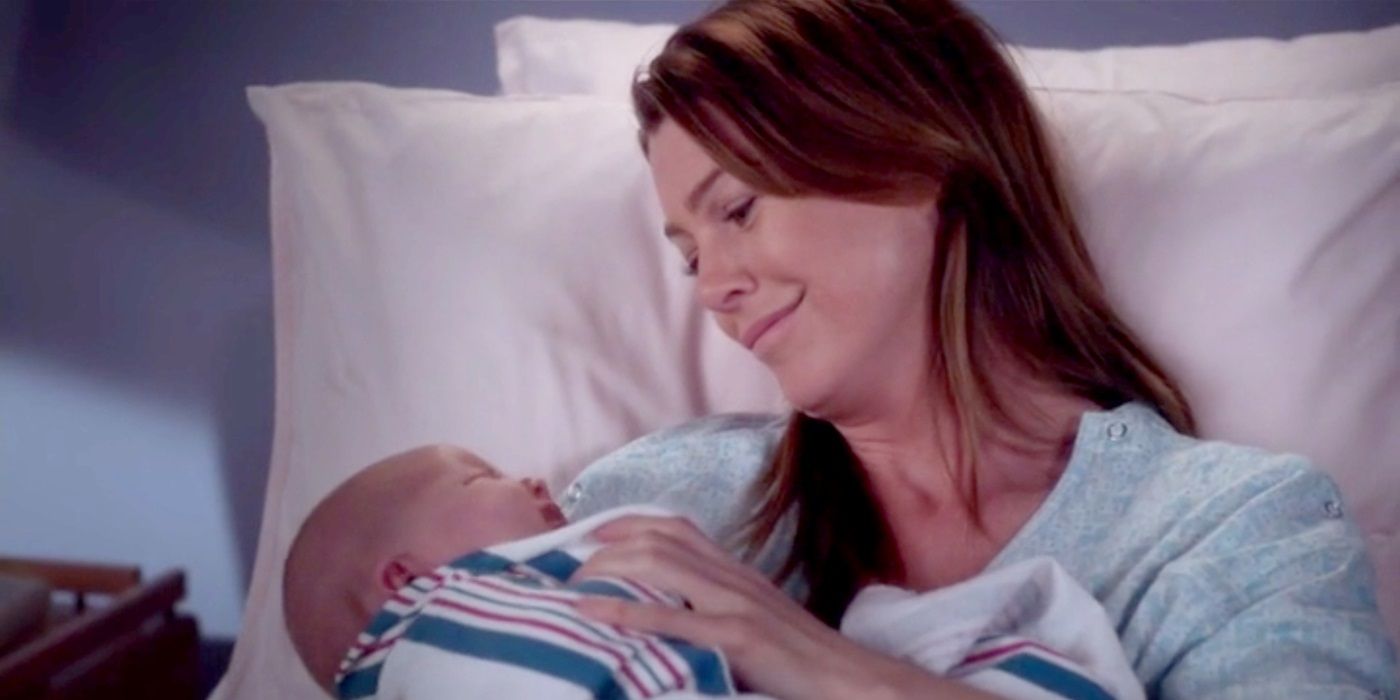 Meredith holding her baby on Grey's Anatomy