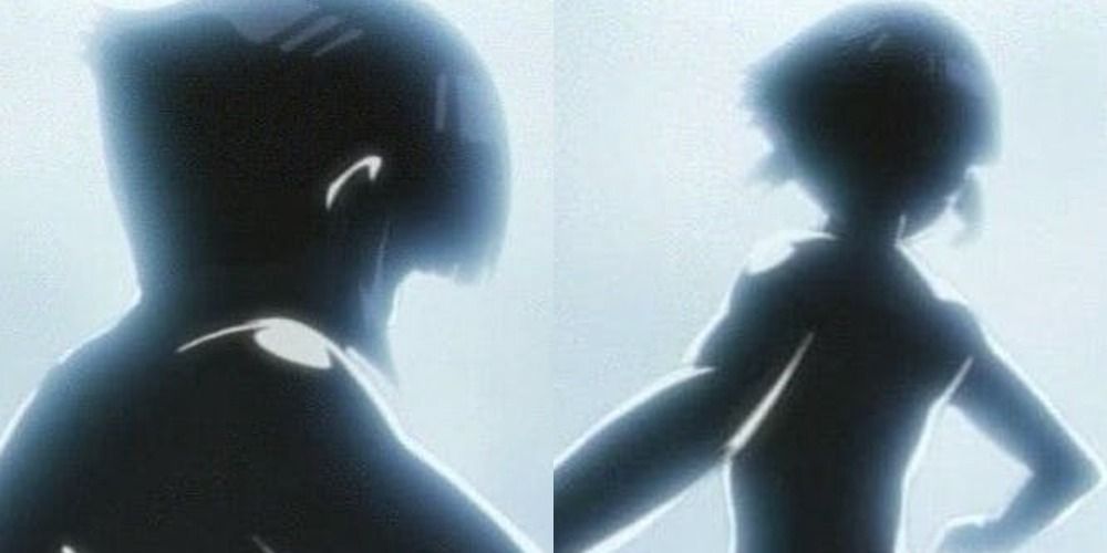 A split image depicts two views of Hinata as she trains in a waterfall in the Naruto anime