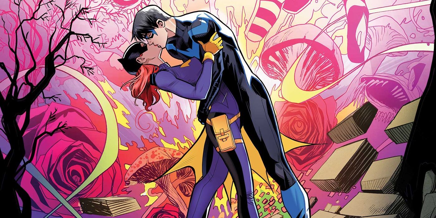 Nightwing and Batgirl kissing in DC Comics.