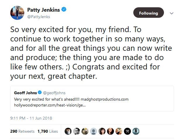 Patty Jenkins Congratulates Geoff Johns on Green Lantern Corps Movie Tweet Screenshot