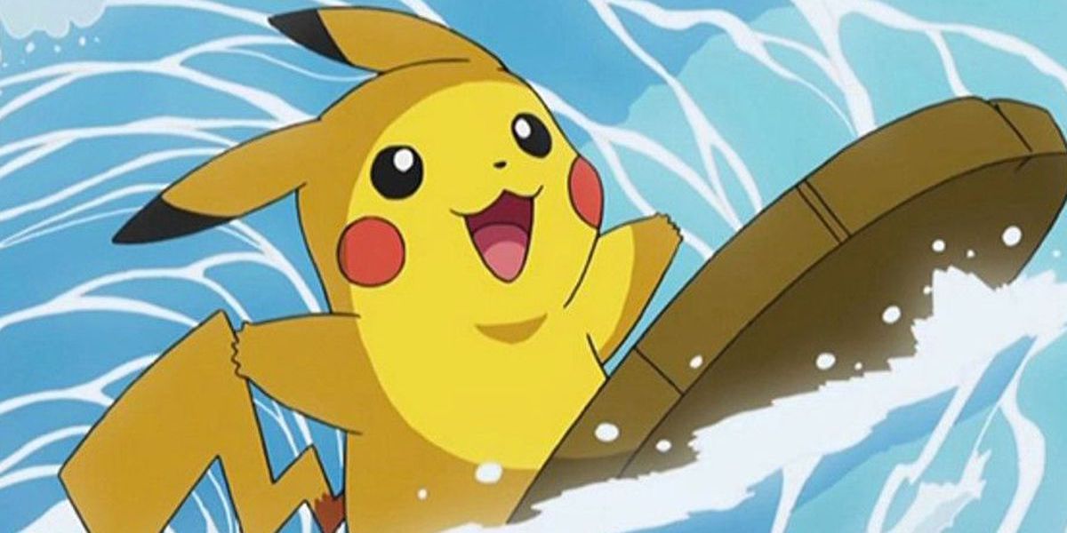 Pikachu surfing on a wave.