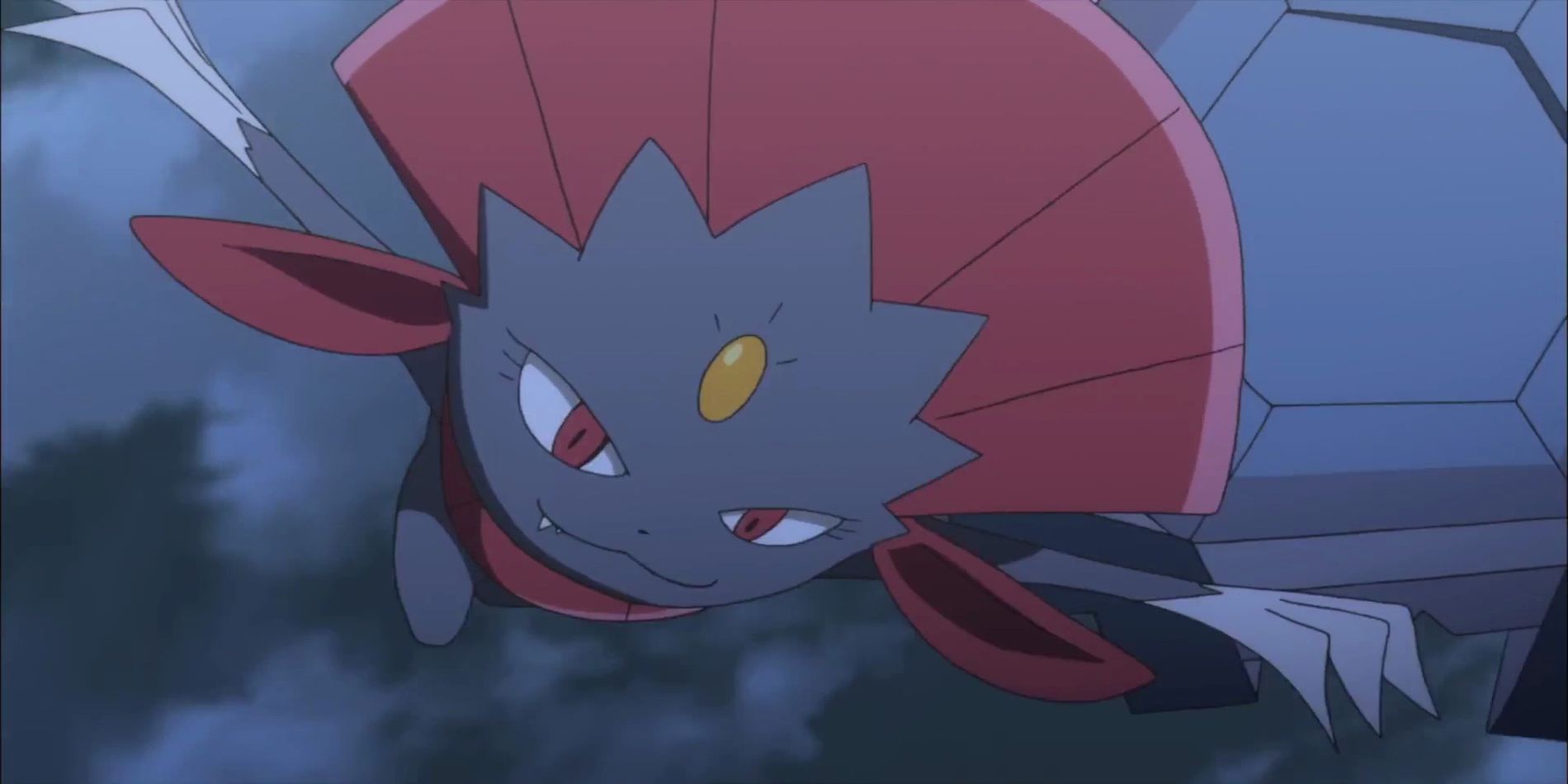 Weavile appears in a close-up in a scene from the Pokémon anime