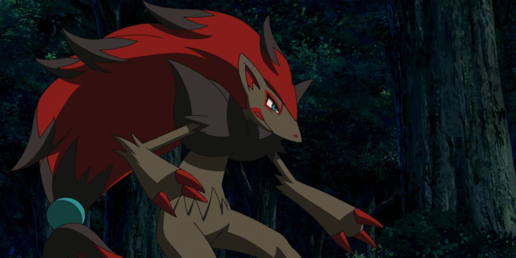 Zoroark standing in a dark forest in Pokemon