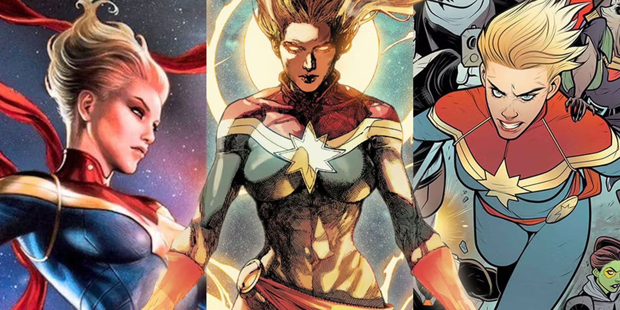 A split image features three versions of Carol Danvers as Captain Marvel in Marvel Comics