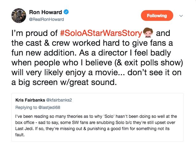 Ron Howard Solo Box Office Tweet