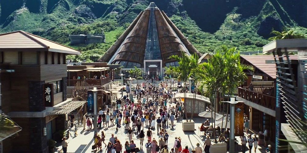 Guests fill the park in Jurassic World 
