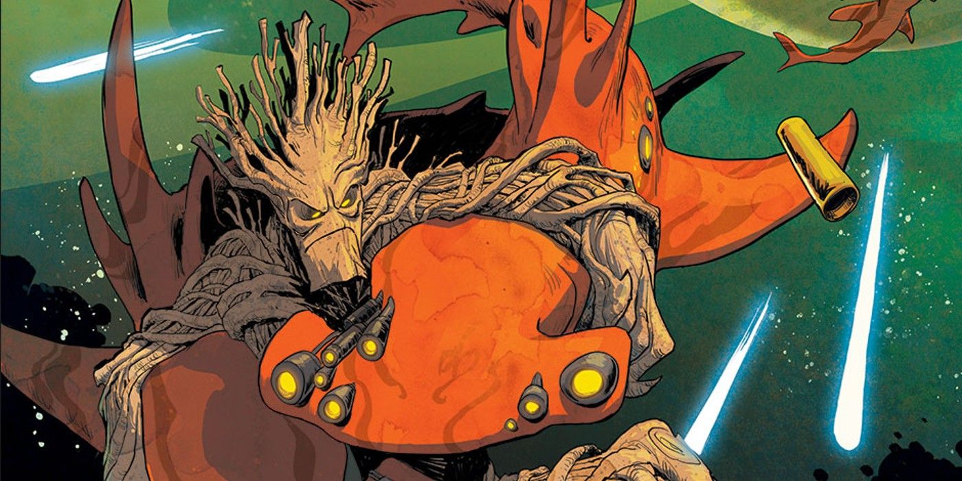 Groot battles a space shark in Marvel Comics.