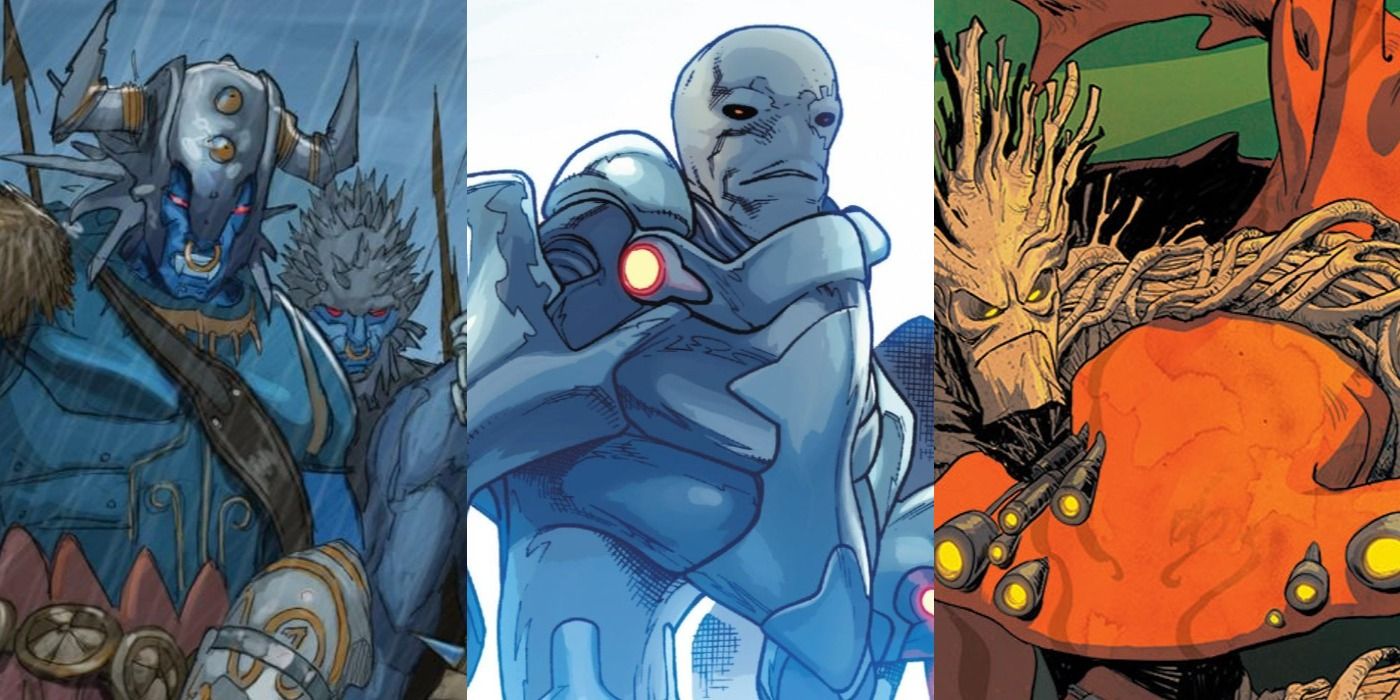 Split image of the Frost Giants, Beyonders and Space Sharks in Marvel Comics