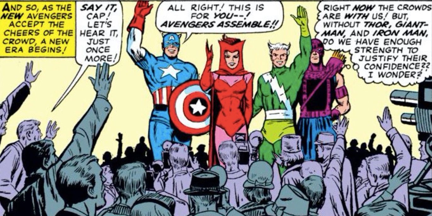 Captain America waves to the crowd with three other Avengers in Marvel Comics.