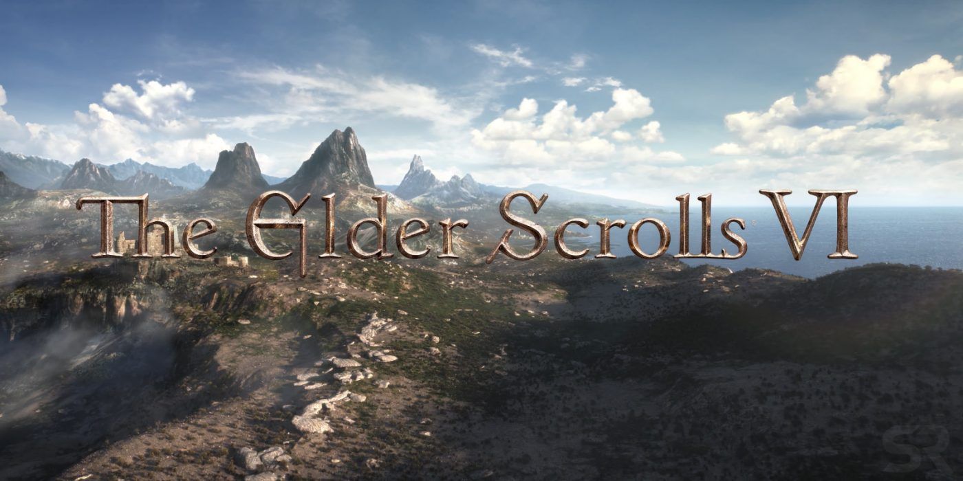 The Elder Scrolls 6 logo in front of a landscape with mountains and a blue sky with some clouds