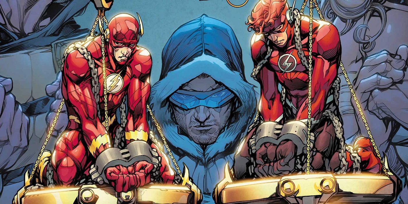 Cover for Flash Wars featuring Captain Cold holding a balance as Barry Allen and Wally West are tied up in chains