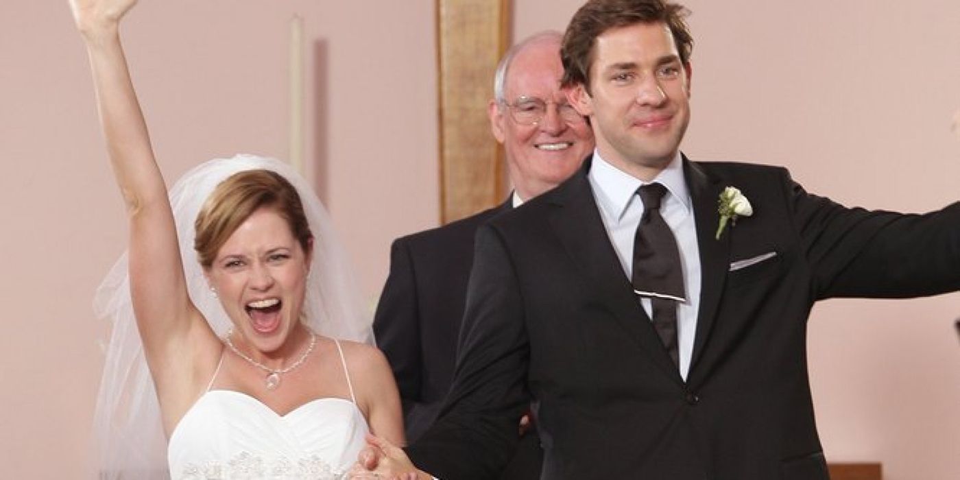 Pam and Jim wave after they get married on The Office