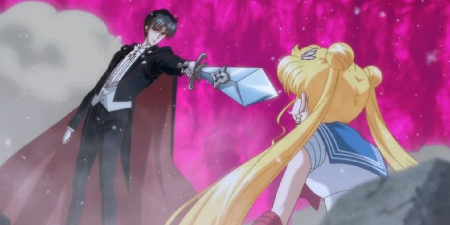 Tuxedo Mask fights Sailor Moon while under a spell in Sailor Moon Crystal